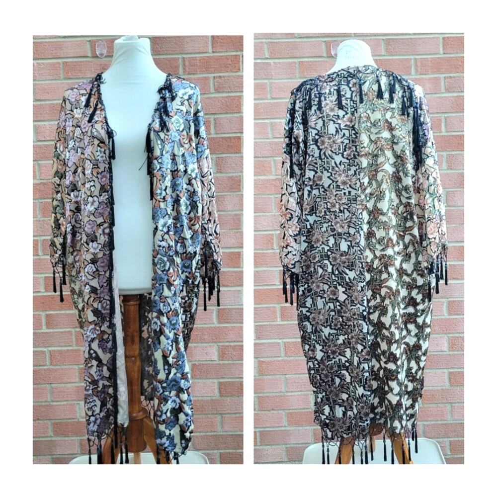 Sterling Styles Burnout Velver Beaded Tassel Fringe Boho Kimono Duster One Size